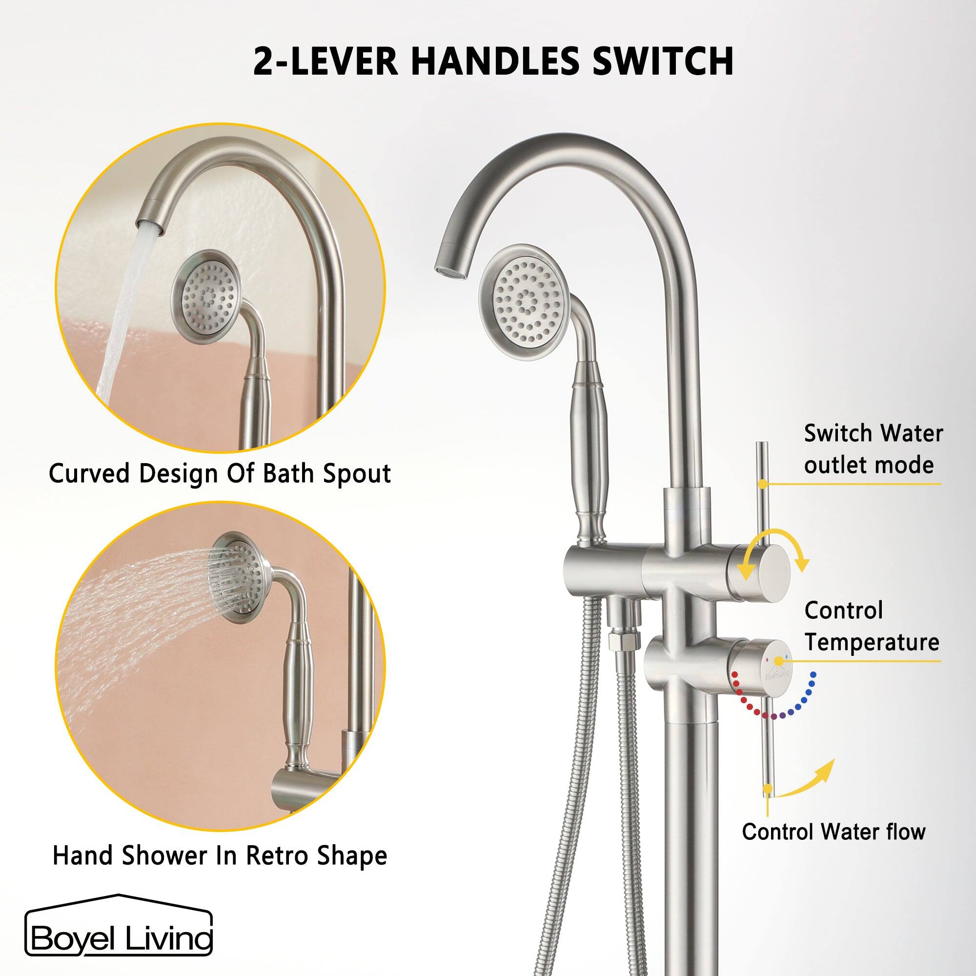 2-LEVER HANDLES SWITCH, Curved Design Of Bath Spout, Hand Shower In Retro Shape, Switch Water outlet mode, Control Temperature, Control Water flow, Boyel Living
