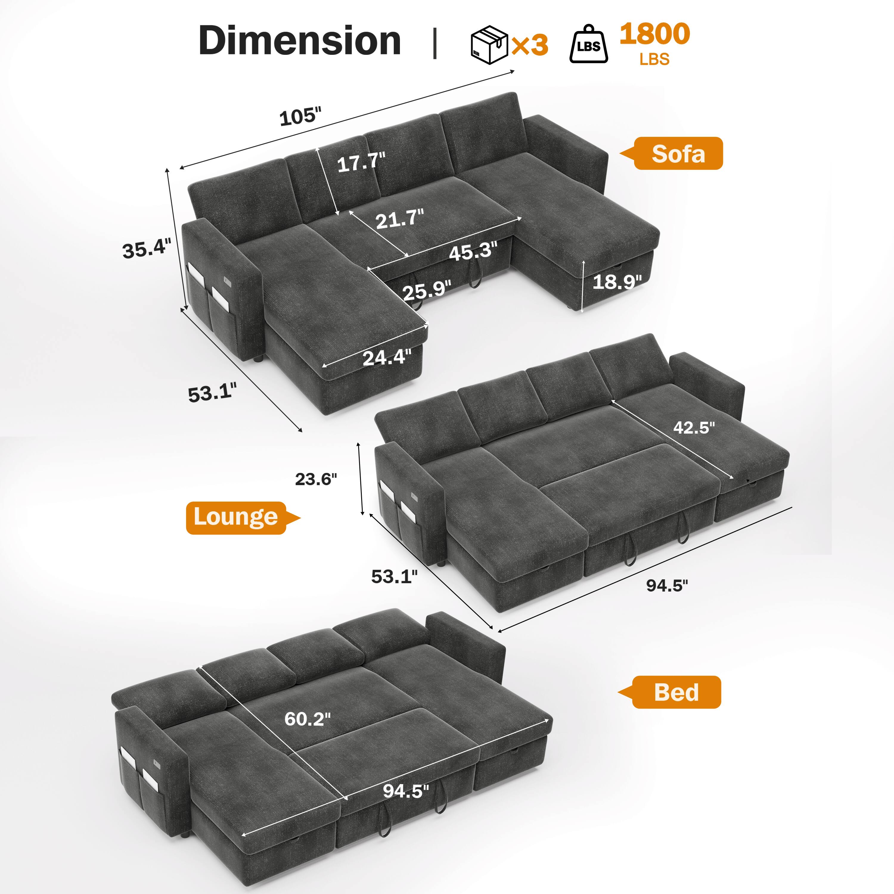 Sure, here is the corrected and grouped text from the image:

**Dimension**

- **Sofa**
  - 105" (width)
  - 17.7" (height)
  - 21.7" (depth)
  - 25.9" (seat height)
  - 45.3" (seat depth)
  - 18.9" (arm height)
  - 35.4" (side table height)
  - 53.1" (side table depth)
  - 24.4" (side table width)

- **Lounge**
  - 23.6" (height)
  - 42.5" (depth)
  - 53.1" (width)

- **Bed**
  - 94.5" (width)
  - 60.2" (depth)

- **Weight Capacity**
  - 1800 LBS

- **Components**
  - x3 (number of pieces)