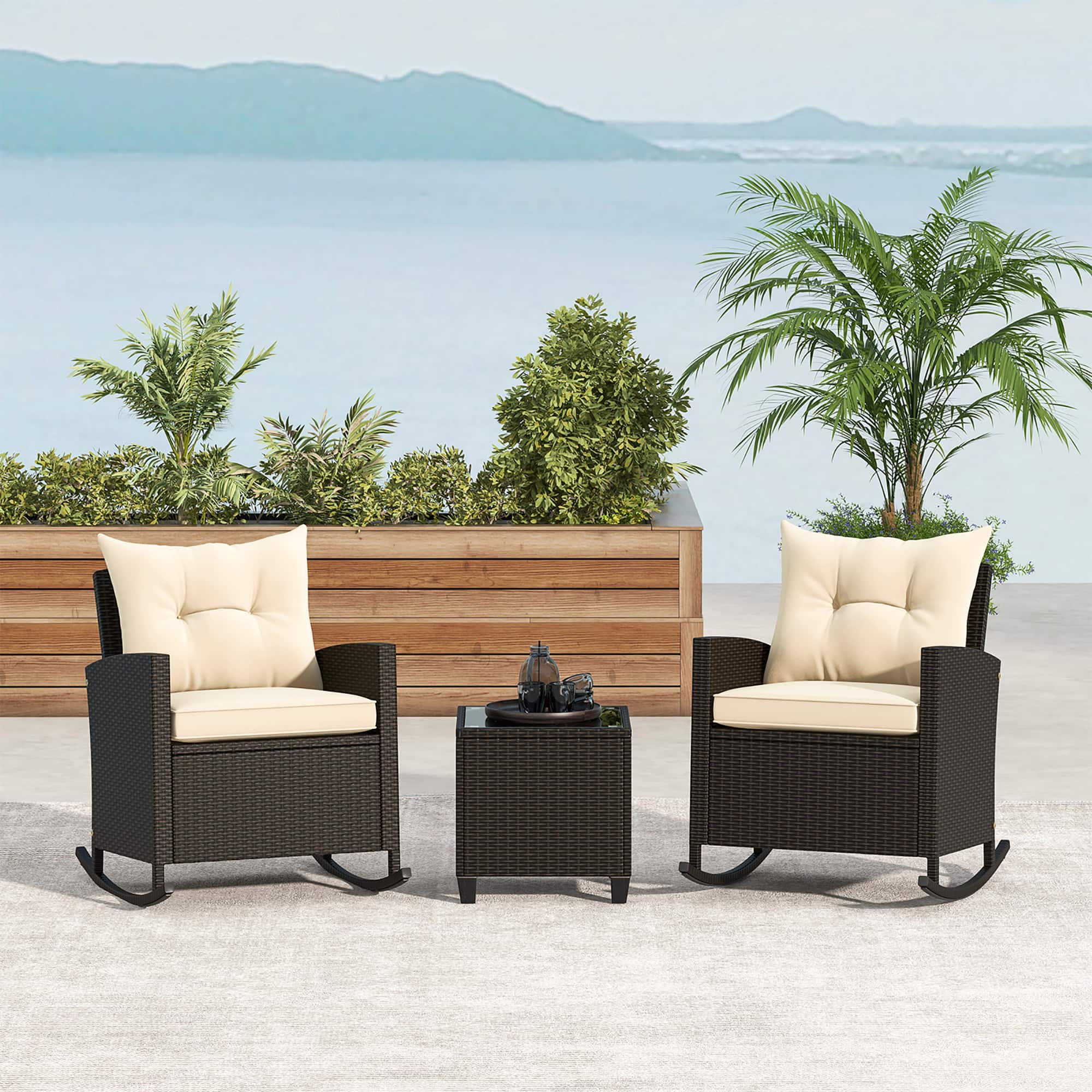 Gymax - 3 Piece Outdoor Rocking Set Rattan Rocking Chair Set w/ Tempered Glass Table Seat - Beige, Mix Brown price history on PriceWatchPro