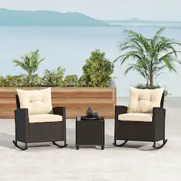 Gymax - 3 Piece Outdoor Rocking Set Rattan Rocking Chair Set w/ Tempered Glass Table Seat - Beige, Mix Brown