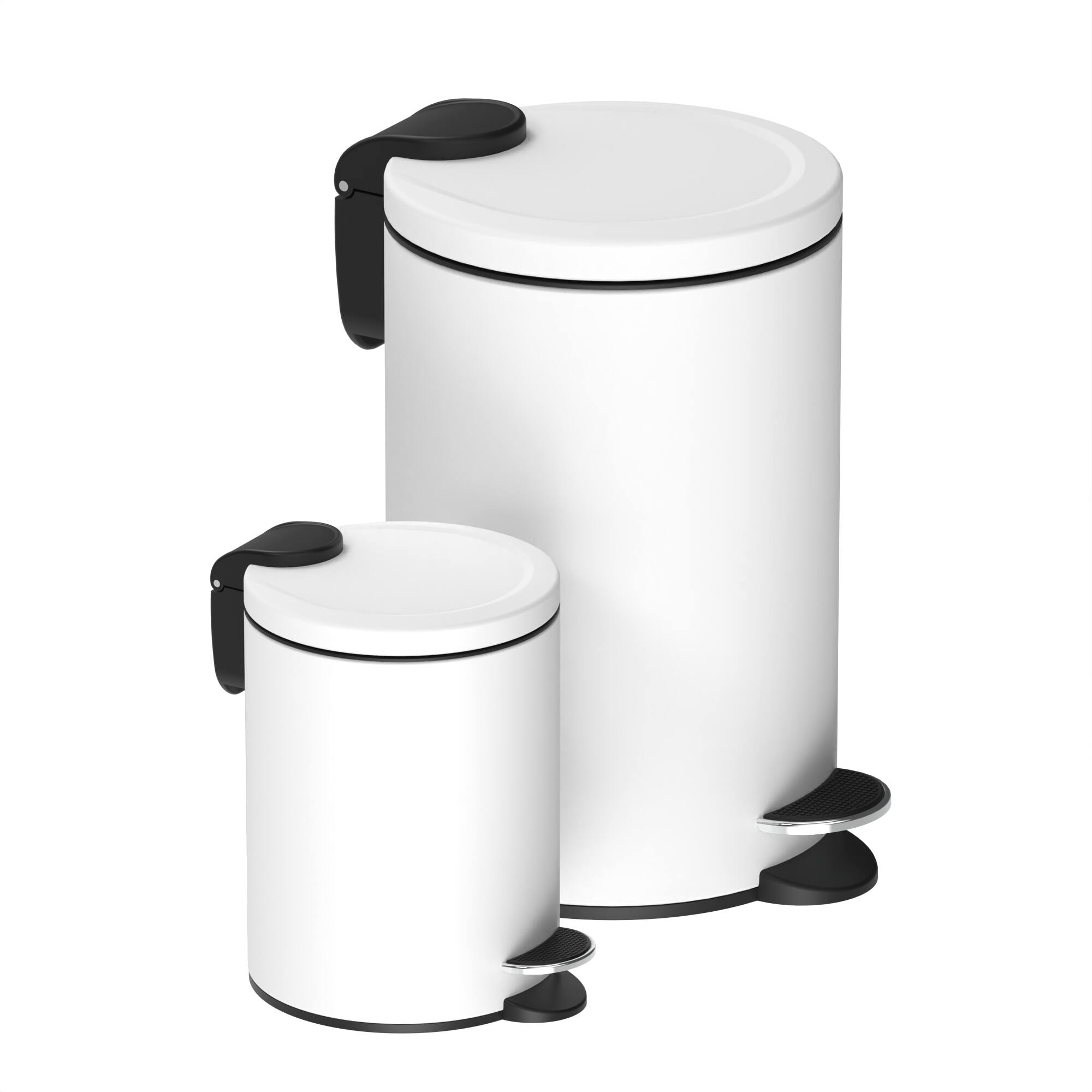 Left. Innovaze - 3.2 Gal./12-Liter and 0.8 Gal./3 Liter Stylish Round White Metal Step-on Trash Can Set - White.