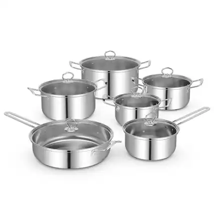Front. Ecooso - 12-Piece Cookware Set with Tempered Glass Lids, Nonstick Pots and Pans with Heat-Resistant Handles - Silver.
