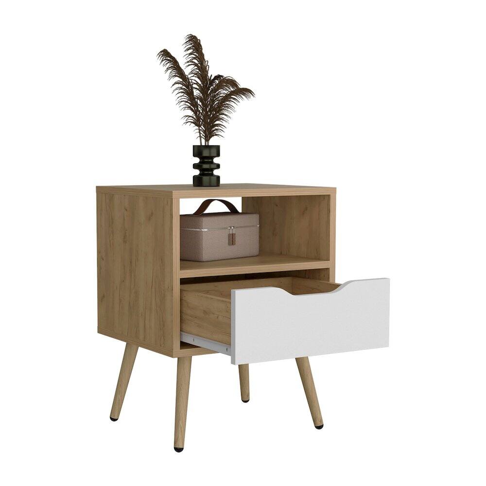 Front. TuHome - Wenden 21" High Nightstand, One Drawer, One Open Shelf, Natural Oak, White - Brown.