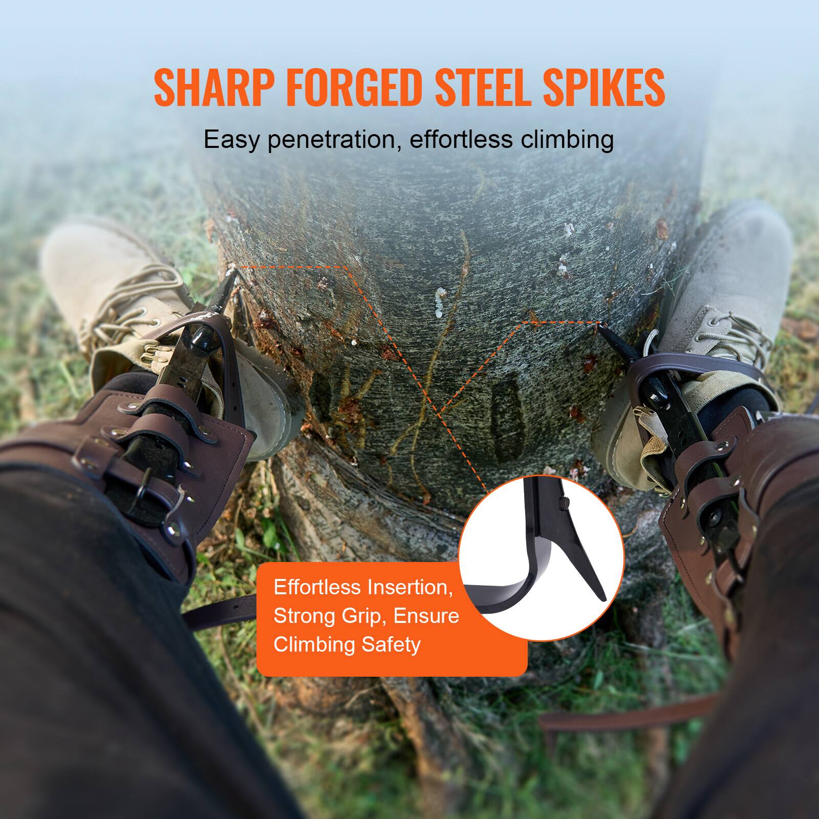 SHARP FORGED STEEL SPIKES  
Easy penetration, effortless climbing  

Effortless Insertion, Strong Grip, Ensure Climbing Safety