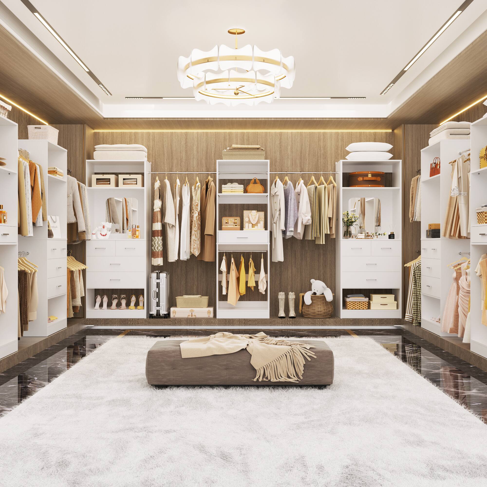Back. Aheaplus - 6 - 18.5 ft Closet System Set of 3, with 9 Drawers, 6 Hanging Rods and Mirrors - White.