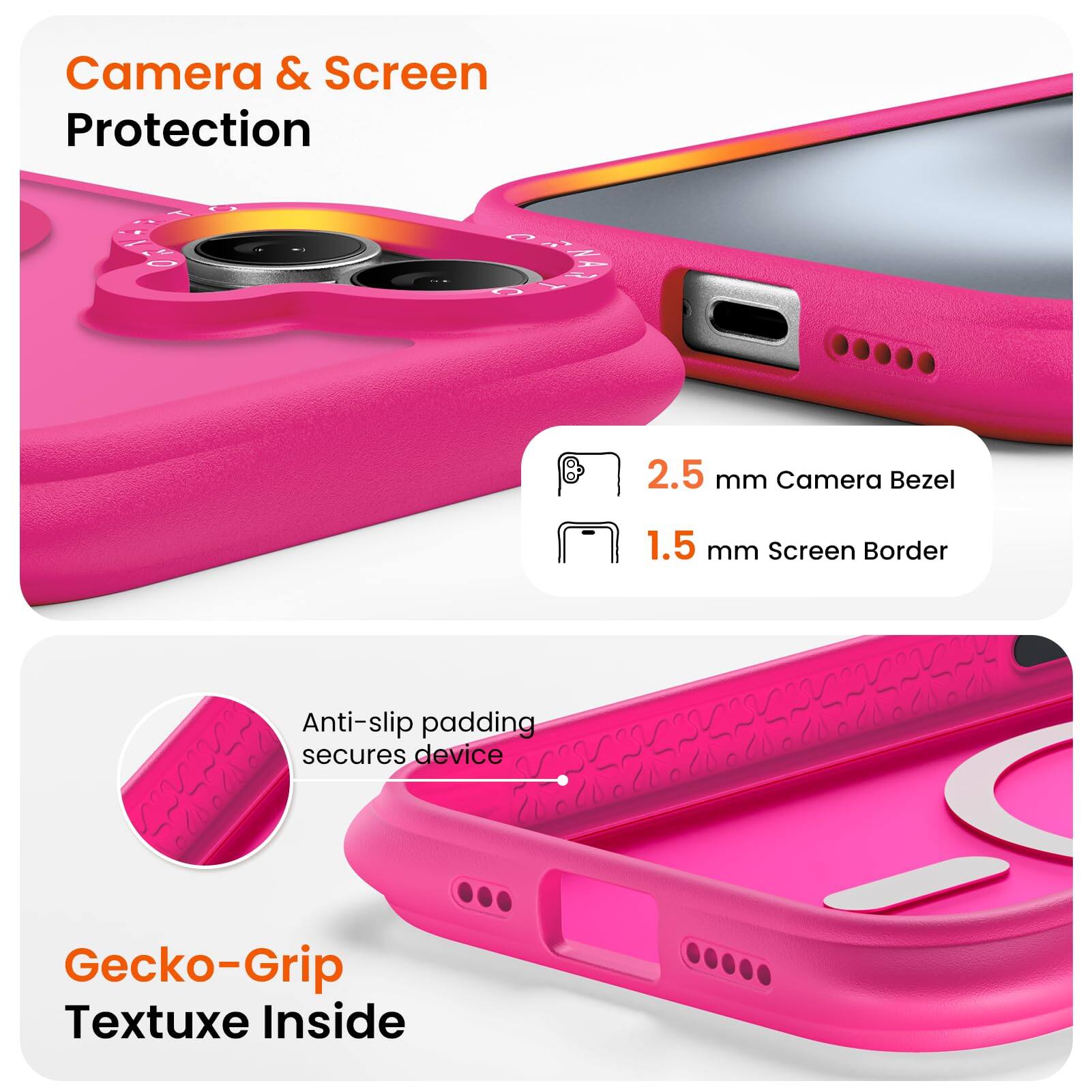Camera & Screen Protection  
2.5 mm Camera Bezel  
1.5 mm Screen Border  
Anti-slip padding secures device  
Gecko-Grip Textuxe Inside