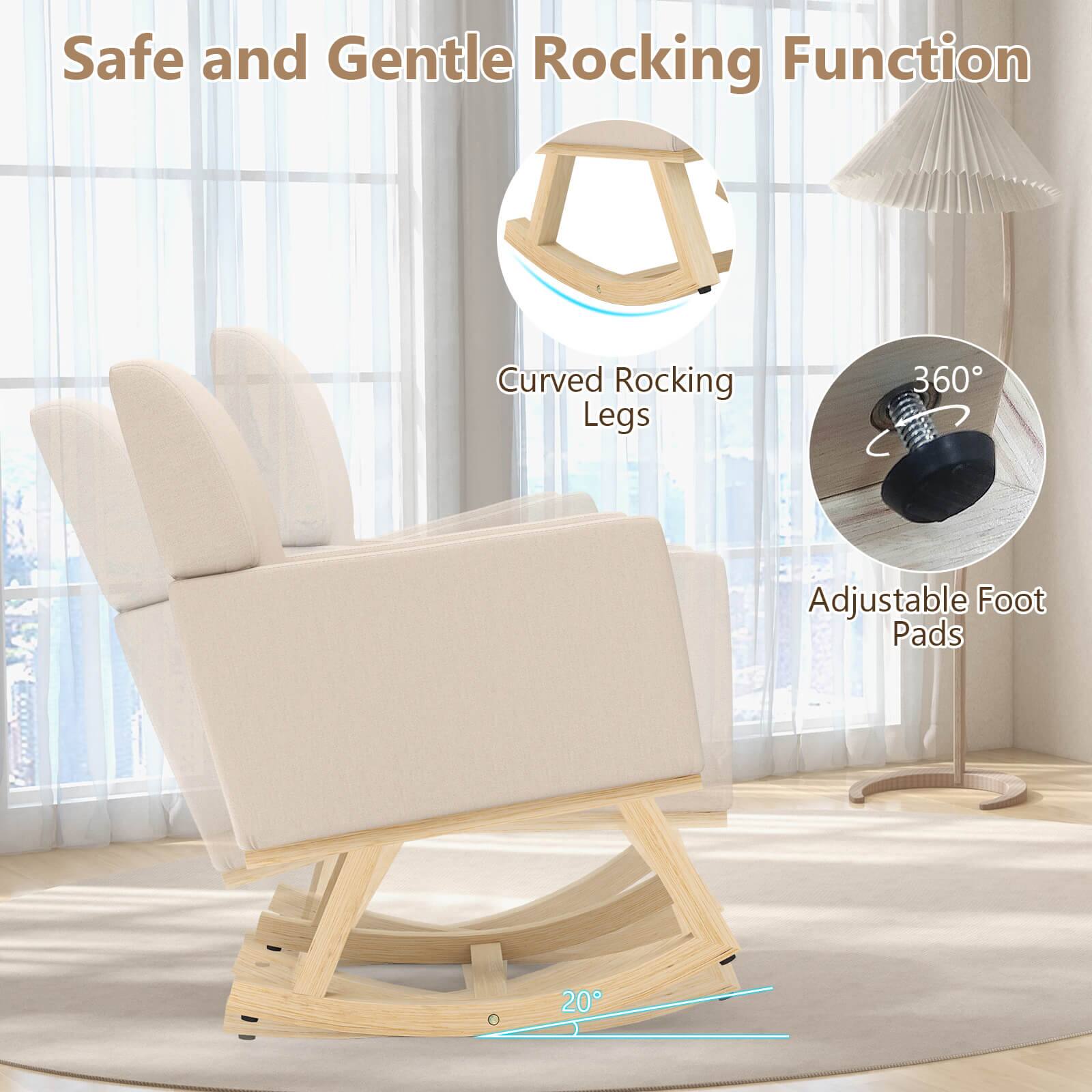 Safe and Gentle Rocking Function  
Curved Rocking Legs  
360° Adjustable Foot Pads  
20°