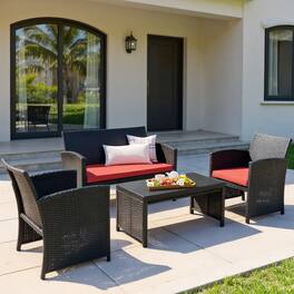 Kadyn - 4 Pieces Patio Rattan Furniture Set Outdoor Patio Furniture Set with Weather Resistant Cushions and Tempered Glass - Red