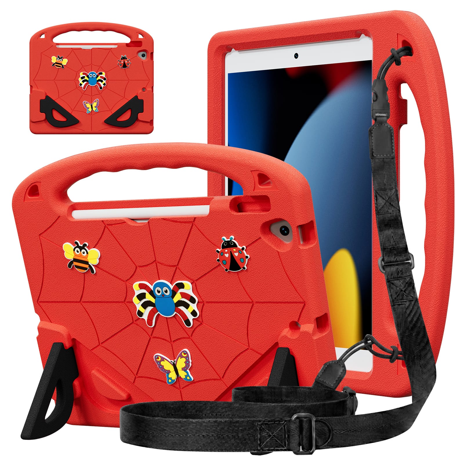 Dteck - Case for 10.2" iPad 9th/8th/7th Generation, Cute Kids-Friendly Shockproof Stand Handle Grip with Shoulder Strap - Red Black