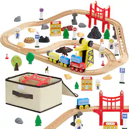 VEVOR - 70PCS Wooden Train Set, with Magnetic Crane, Wood Train Track Toy for Kids Ages 3-8, Construction Crane Railway Set - Wood color