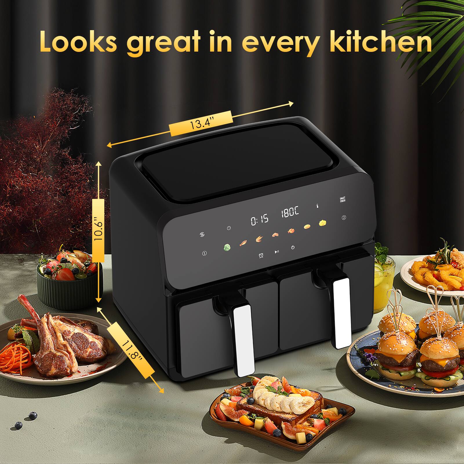 Looks great in every kitchen

13.4"  
10.6"  
11.8"  
.8"  

0:15  
180C