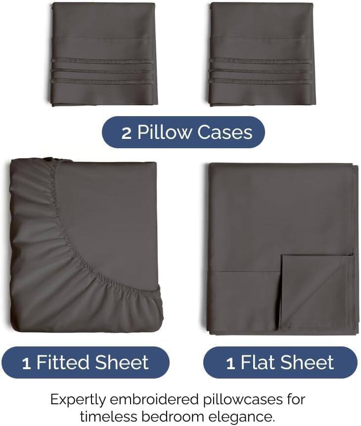2 Pillow Cases  
1 Fitted Sheet  
1 Flat Sheet  

Expertly embroidered pillowcases for timeless bedroom elegance.