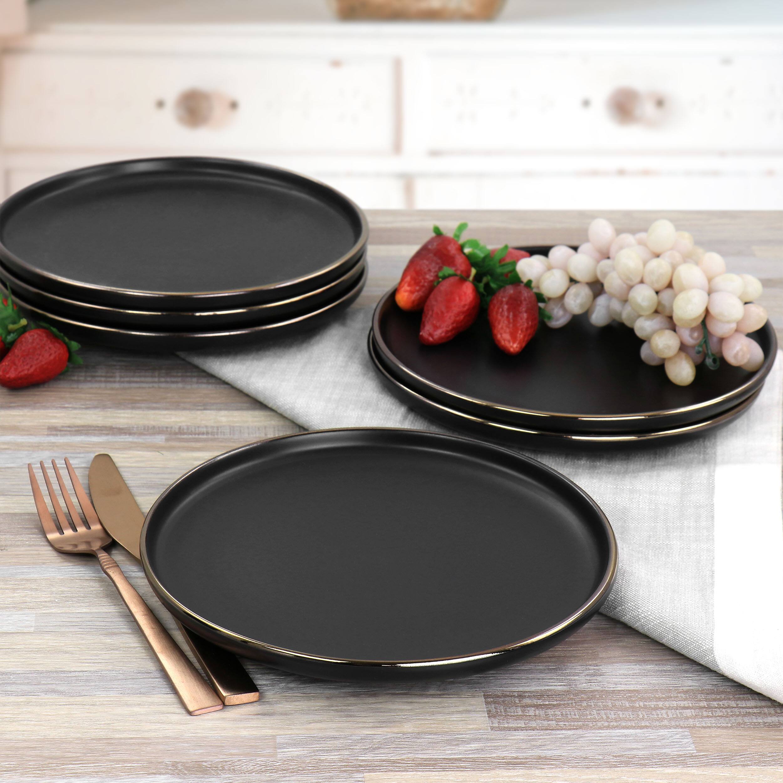 Alt View 2. Elama - Elama Paul 6 Piece Stoneware Salad Plate Set in Matte Black with Gold Rim - Black.