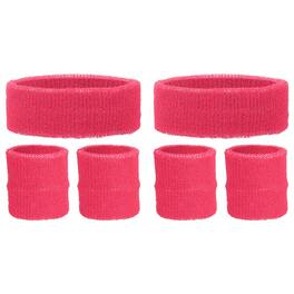 Unique Bargains - Sweatband Set, 2pcs Headband + 4pcs Wristbands Moisture Wicking Breathable Athletic Bands 6pcs for Sports - Rose Red