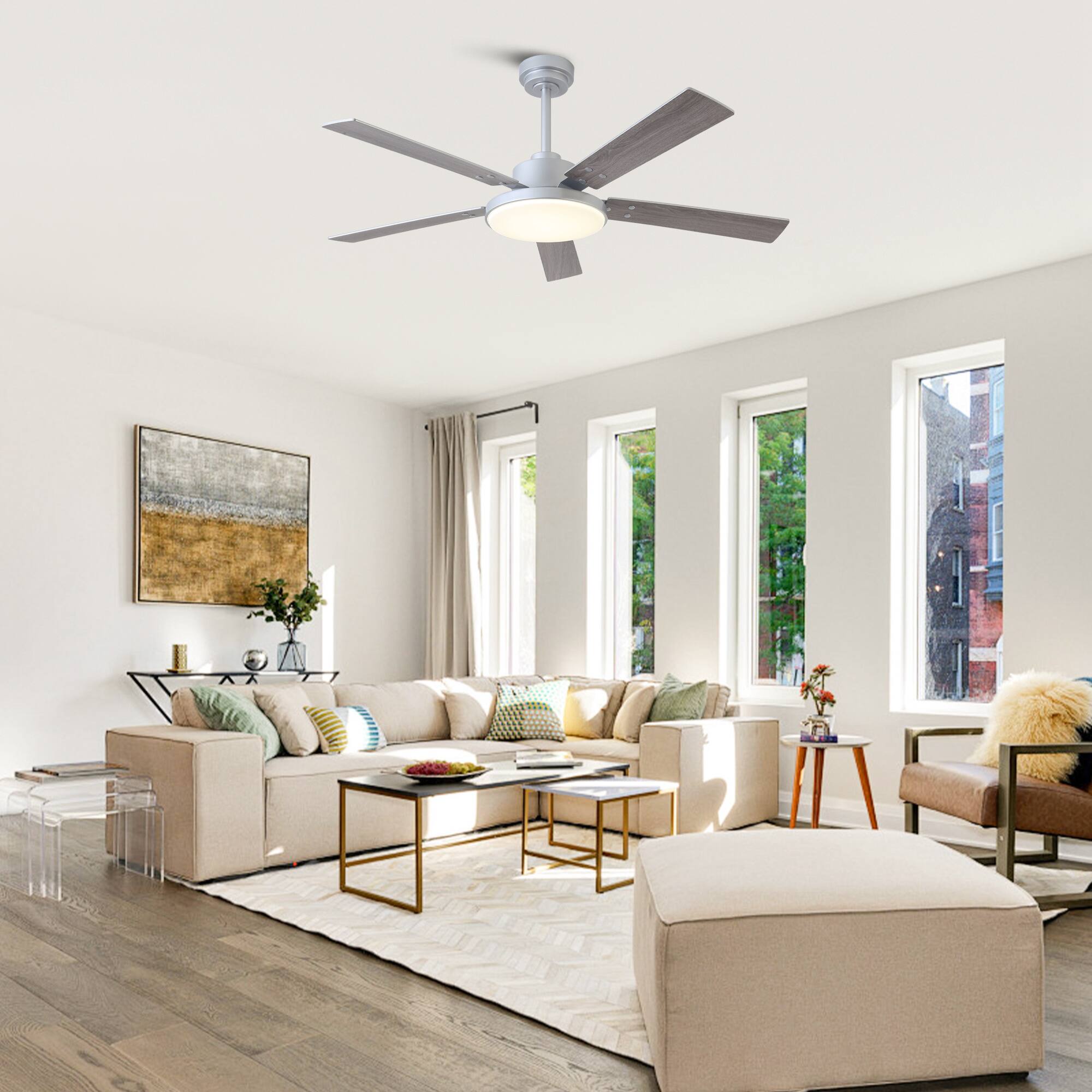 Angle. Vaczon - 52" Modern Silver Dimmable LED Ceiling Fan with Light and Remote & APP - Silver.