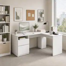 WELLFOR - 59" L Shape Desk with Letter File Drawer & Open Shelf, Modern Computer Desk for Home Office - White