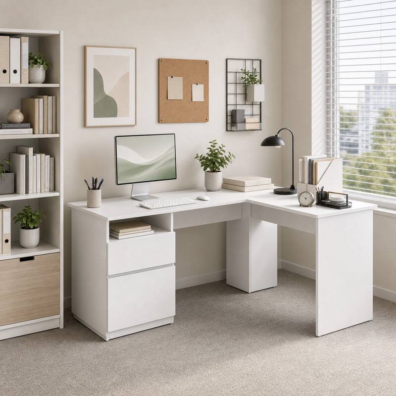Front. WELLFOR - 59" L Shape Desk with Letter File Drawer & Open Shelf, Modern Computer Desk for Home Office - White.