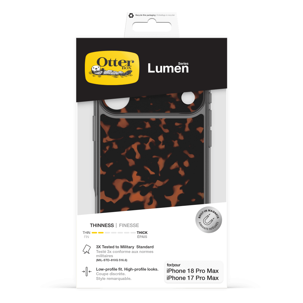 Recycle the packaging  
Emballage reyder

Otter Series BOX Lumen

THINNESS | FINESSE  
THIN | FIN  
THICK | EPais

BUILT-IN MAGNETS  
AIMANTS INTÉGRÉS

3X Tested to Military Standard  
Testé 3x conforme aux normes militaires (MIL-STD-810G 516.6)  
for/pour Low-profile fit. High-profile looks.  
Coupe discrète. Style remarquable.

iPhone 18 Pro Max  
iPhone 17 Pro Max