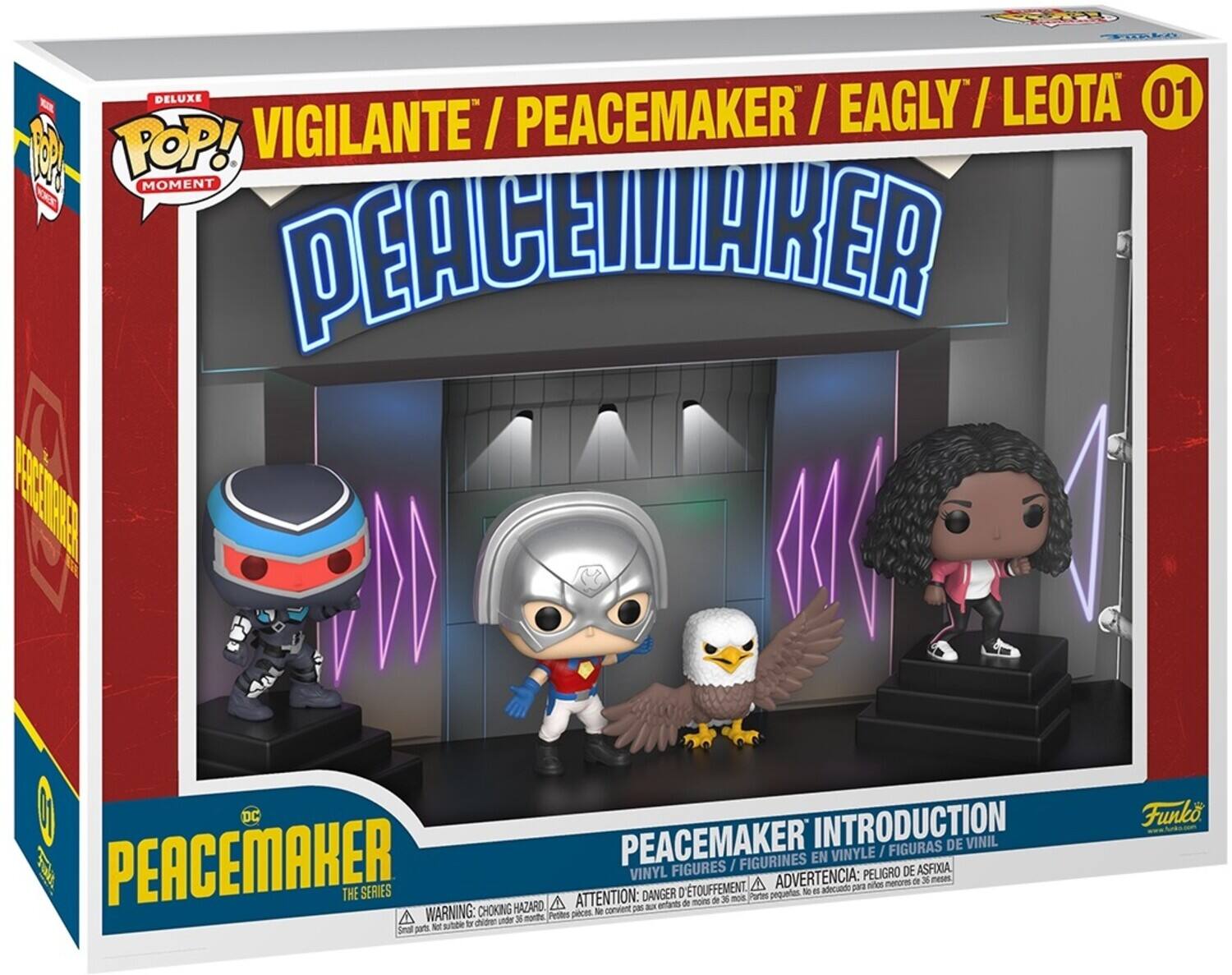 Sure, here is the corrected and grouped text from the image:

---

**Top Left Corner:**
- DELUXE
- POP! MOMENT

**Top Center:**
- VIGILANTE / PEACEMAKER / EAGLY / LEOTA

**Top Right Corner:**
- 01

**Main Title:**
- PEACEMAKER

**Bottom Left:**
- PEACEMAKER
- THE SERIES

**Bottom Center:**
- PEACEMAKER INTRODUCTION
- VINYL FIGURES / FIGURINES EN VINYLE / FIGURAS DE VINIL

**Bottom Right:**
- Funko

**Warning Section:**
- WARNING: CHOKING HAZARD - Small parts. Not for children under 3 years.
- ATTENTION: DANGER D'ÉTOUFFEMENT - Petites pièces. Ne convient pas aux enfants de moins de 3 ans.
- ADVERTENCIA: PELIGRO - Piezas pequeñas. No es adecuado para niños menores de 3 años.

**Additional Text:**
- DC

---