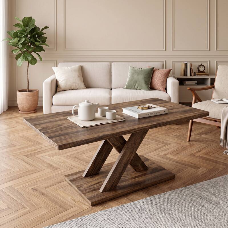 Angle. WELLFOR - 37.5" Farmhouse Coffee Table with X Shape Stable Base, Wood Rectangle Center Table Cocktail Tea Table for Living Room - Brown.
