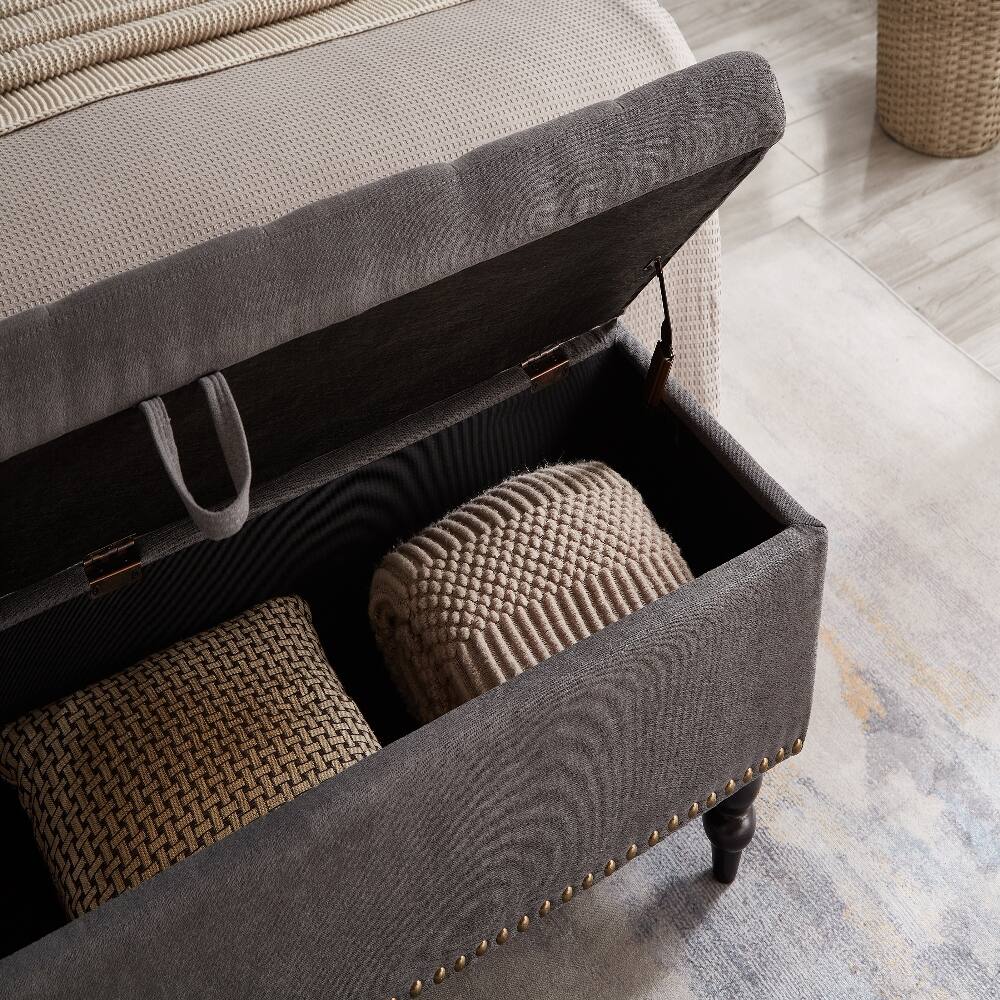 Back. Ropilly - Ropilly Grey Fabric Storage Bench Tufted End of Bed Ottoman with Wooden Legs Heavy Duty Shoe Bench for Bedroom Hallway - Grey.