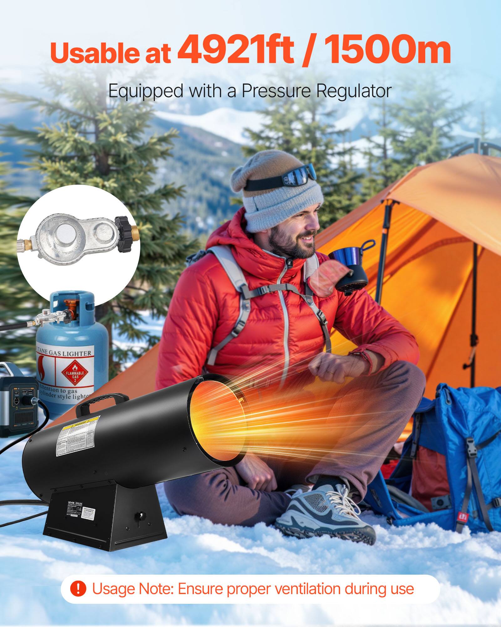 Usable at 4921ft / 1500m  
Equipped with a Pressure Regulator  

Usage Note: Ensure proper ventilation during use
