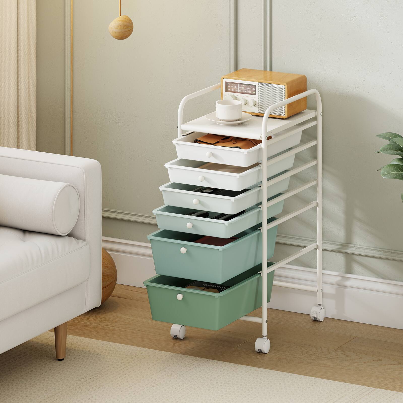 Alt View 1. Costway - Costway 6-Drawer Rolling Art & Craft Storage Cart with Removable Drawers & Metal Frame, Lockable Wheels - Gradient Green.