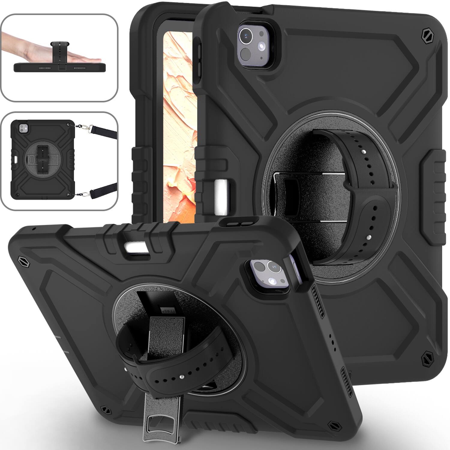 Dteck - for Apple iPad Pro (M5) 11" 2025/Pro (M4)2024 Rugged Case Bulit-in Pen Holder,Shockproof Stand Cover with Shoulder Strap - Black