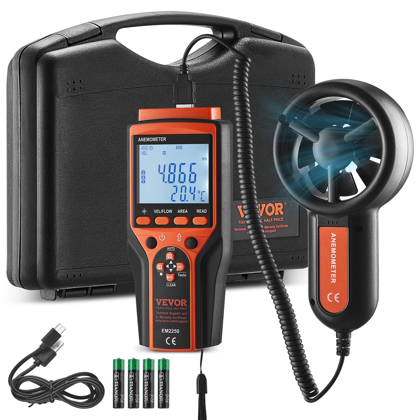 ANEMOMETER  
AVG VEL 4.866 m/s  
20.4°C  

VEL/FLOW AREA READ  
CLEAR  

VEVOR  
Technical Support and E-Warranty Certificate  
www.vevor.com/support  

EM2250  
CE  

ANEMOMETER  
CE  

VEVOR  
Technical Support and E-Warranty Certificate  
www.vevor.com/support  

HALF PRICE TOU