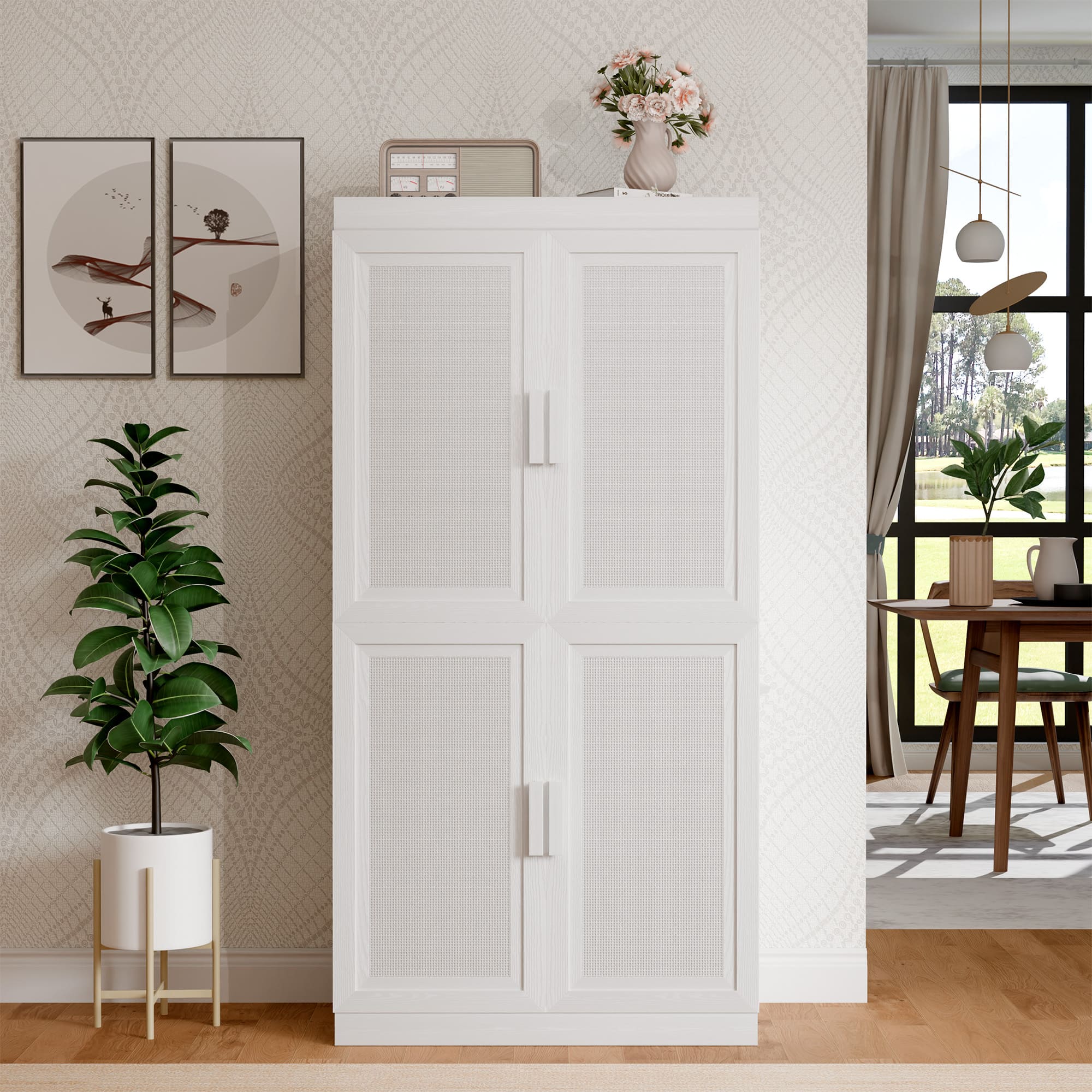 PexFix - 62" Kitchen Pantry Cabinet, Oak Freestanding Storage Cabinet with Woven Doors and Adjustable Shelves for Dining Room - White