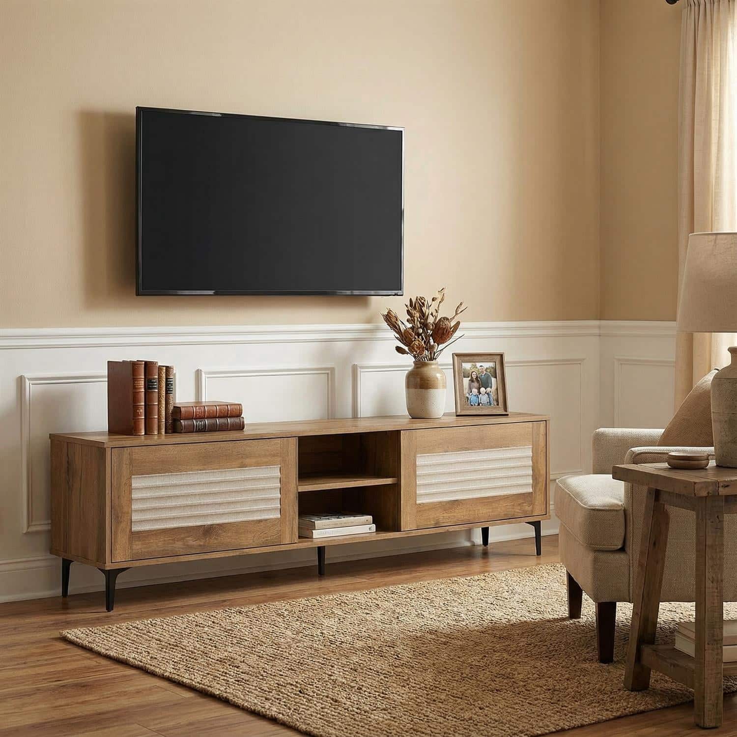 Pefilos - TV for TVs up to 70 Waveform Fluted Entertainment Modern Media with Open Shelves Cabinets Living Room TV Stand - Brown