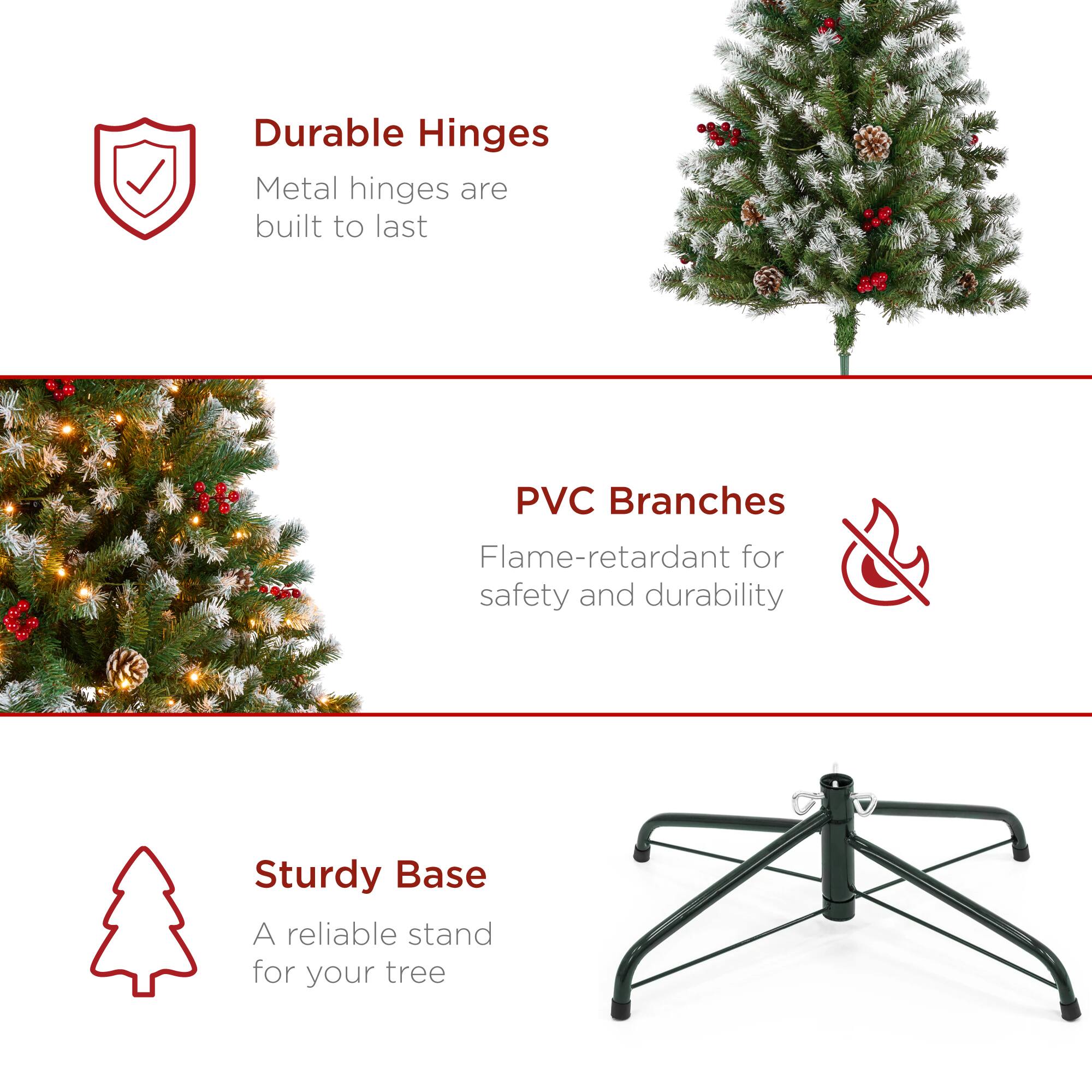 - Durable Hinges  
  Metal hinges are built to last

- PVC Branches  
  Flame-retardant for safety and durability

- Sturdy Base  
  A reliable stand for your tree