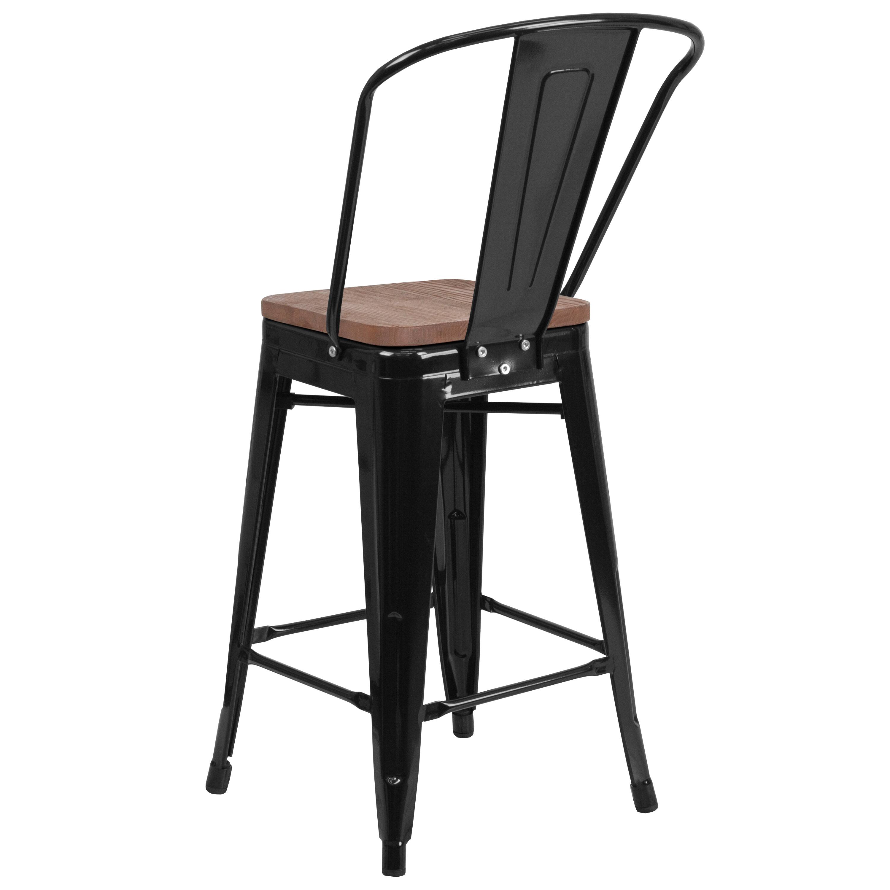 Alt View 5. Emma + Oliver - 24"H Metal Counter Height Stool with Back and Square Wood Seat - Black.