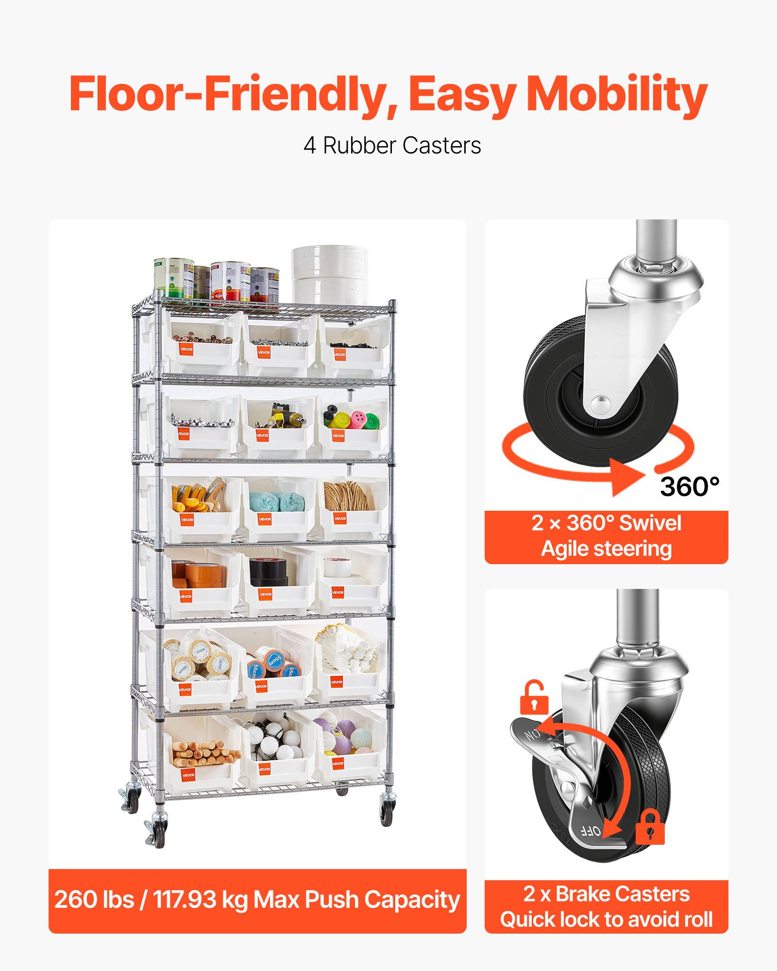 Floor-Friendly, Easy Mobility

4 Rubber Casters

2 x 360° Swivel Agile steering

260 lbs / 117.93 kg Max Push Capacity

2 x Brake Casters Quick lock to avoid roll