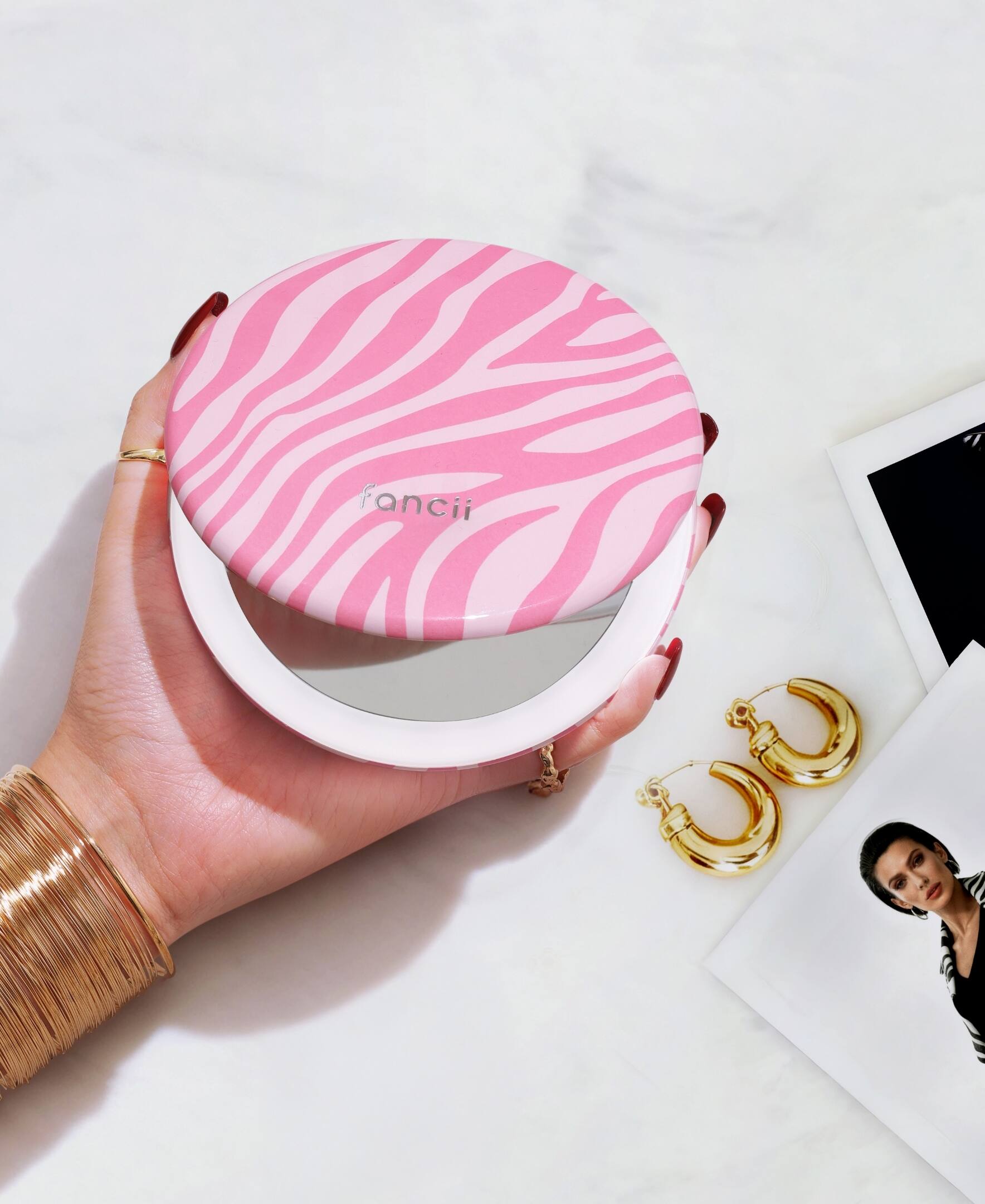 Angle. fancii - Taylor LED Compact Mirror - Blush Zebra.
