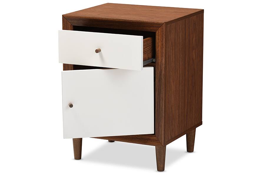Left. Baxton Studio - Harlow Mid-century Modern Scandinavian Style Wood 1-drawer and 1-door Nightstand - "Walnut" Brown/White.