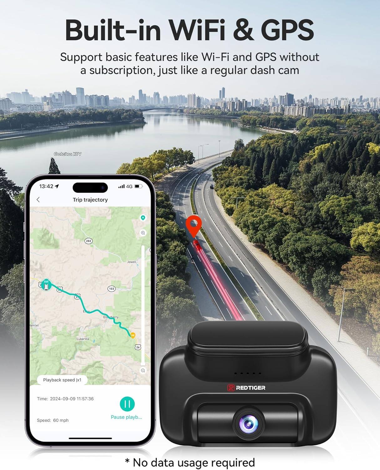 Built-in WiFi & GPS

Support basic features like Wi-Fi and GPS without a subscription, just like a regular dash cam

* No data usage required
