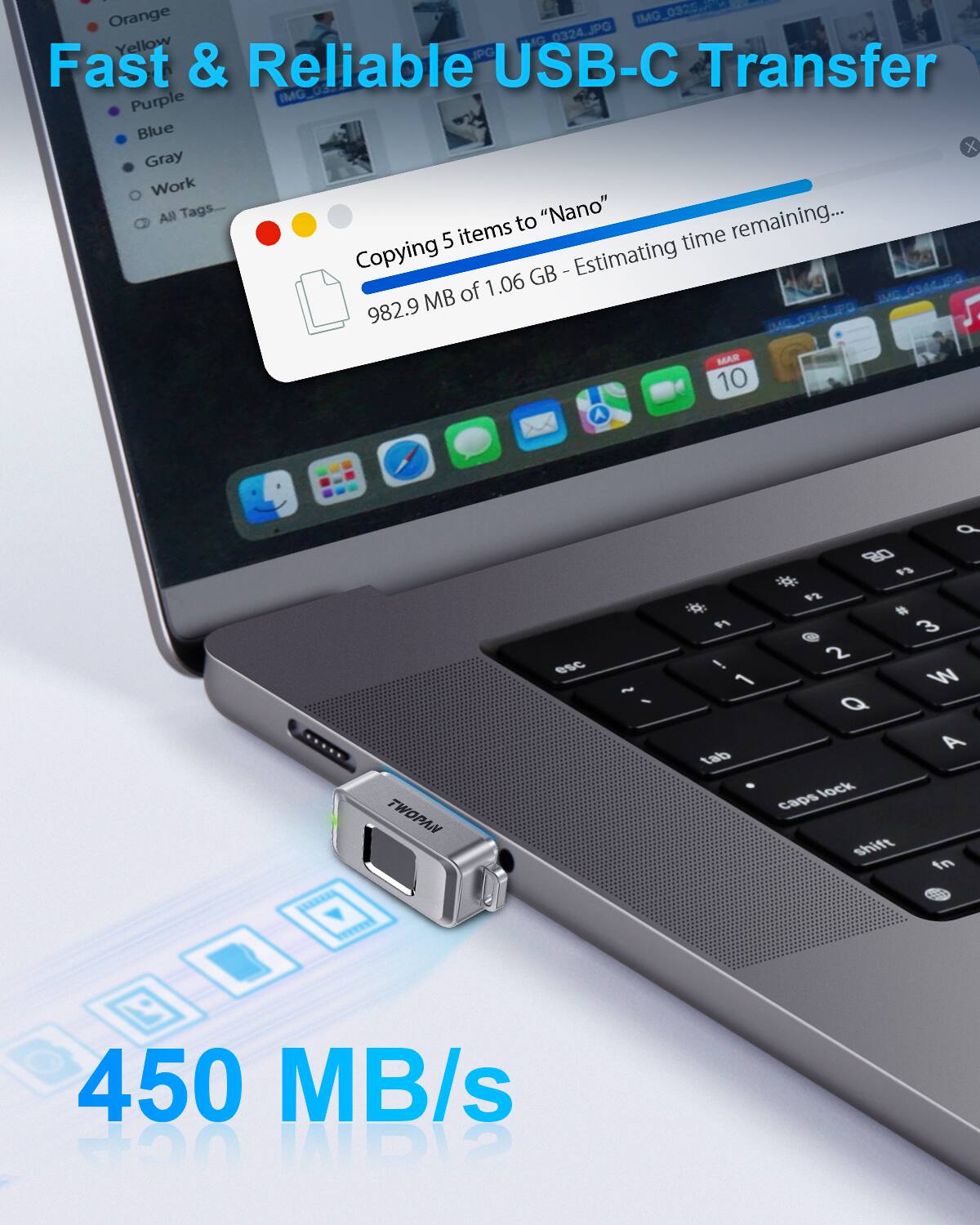 Fast & Reliable USB-C Transfer

Copying 5 items to "Nano"
982.9 MB of 1.06 GB - Estimating time remaining...

450 MB/s