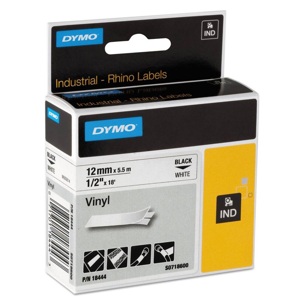 DYMO IND - Rhino Labels  
Industrial - Rhino Labels  
DYMO BLACK WHITE  
12 mm x 5.5 m  
1/2" x 18'  
Vinyl  
P/N 18444  
S0718600