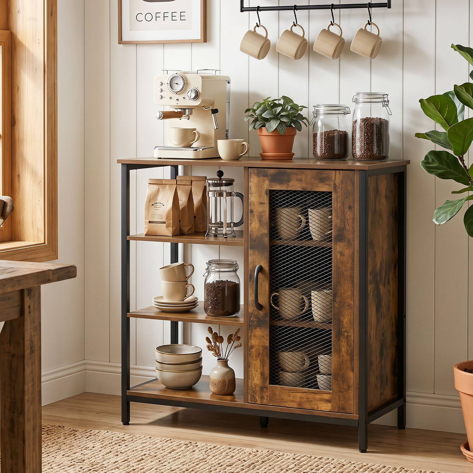 Alt View 3. Costway - Costway Buffet Sideboard Cabinet with 3 Open Shelves 2 Adjustable Shelves Anti-Tipping Kits - Rustic Brown.
