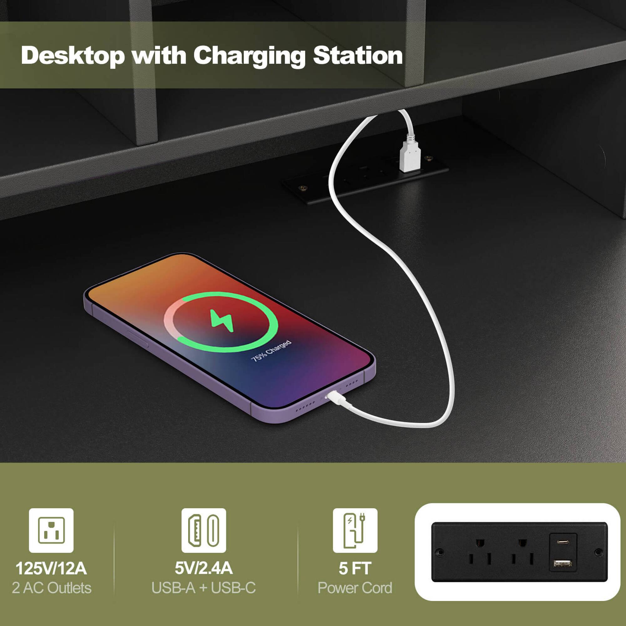 Desktop with Charging Station: 75% Charged, 79% 125V/12A, 2 AC Outlets, 5V/2.4A USB-A + USB-C, 5 FT Power Cord.