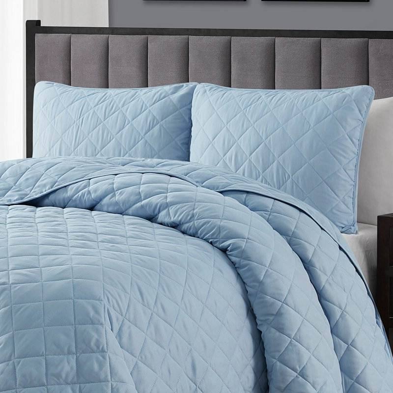 Left. Hivvago - Full/Queen 3-Piece Light Blue Polyester Microfiber Reversible Diamond Quilt Set - Light Blue.
