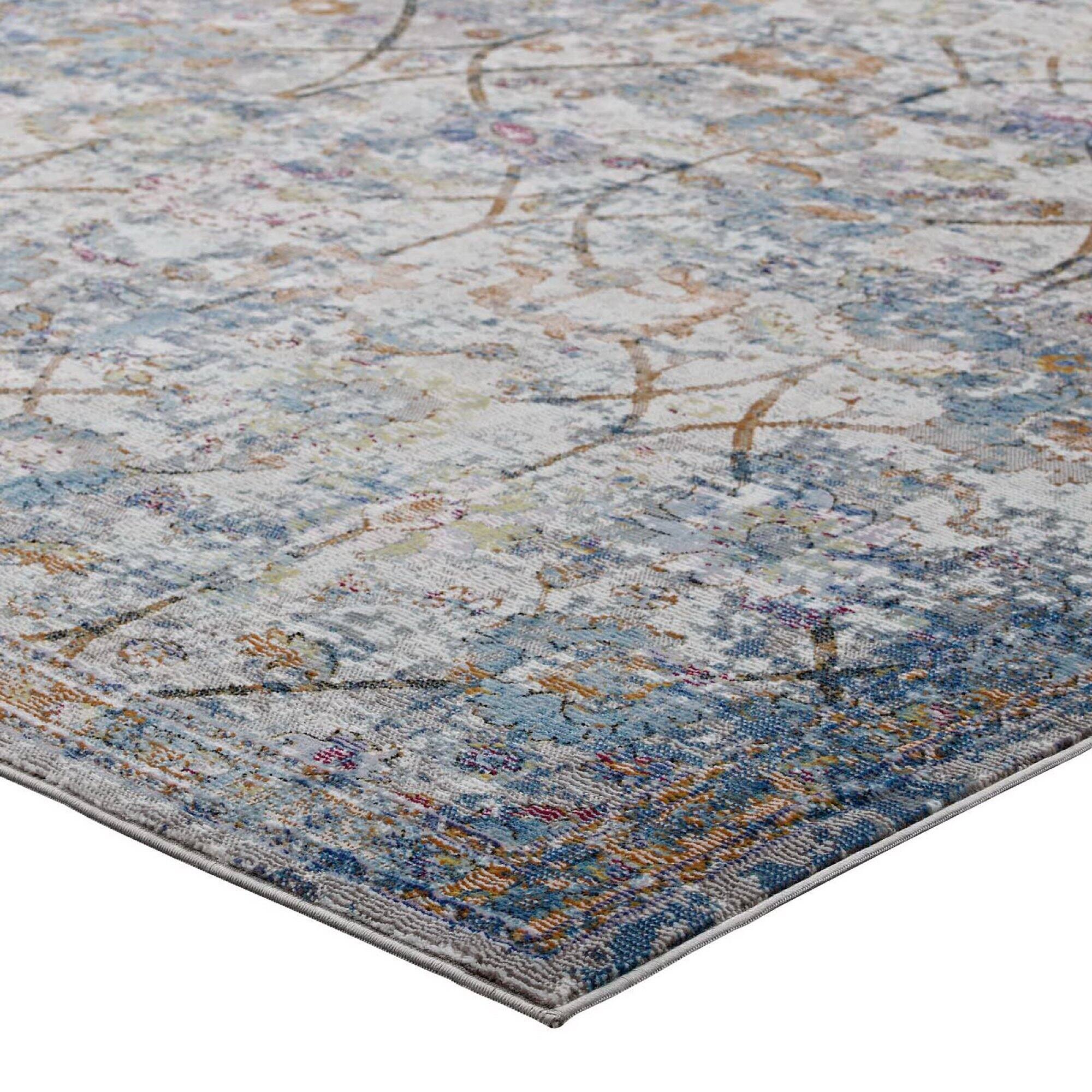 Alt View 2. Modway - Minu Distressed Floral Lattice Area Rug - Light Blue Yellow and Orange.