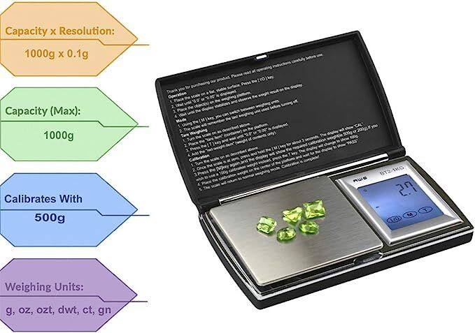 Capacity x Resolution:  
1000g x 0.1g  

Capacity (Max):  
1000g  

Calibrates With:  
500g  

Weighing Units:  
g, oz, ozt, dwt, ct, gn