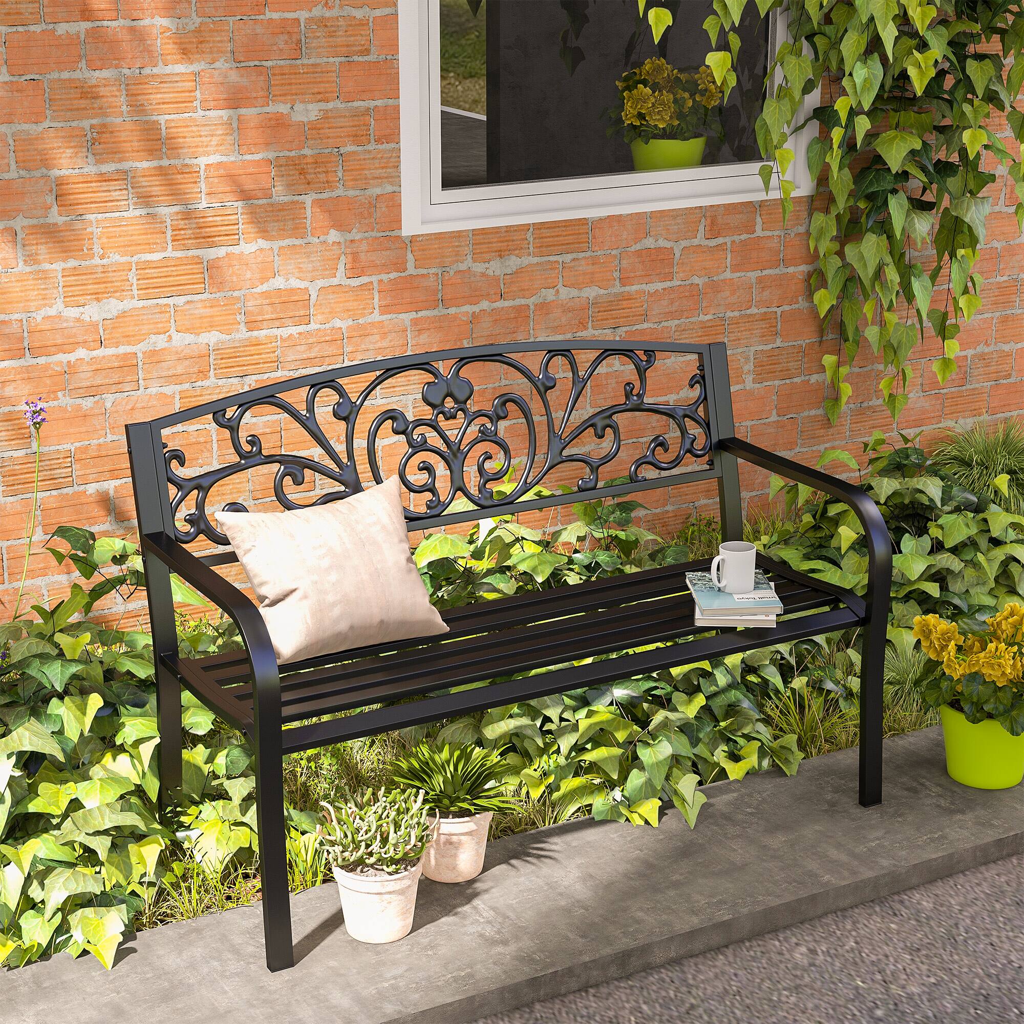 Alt View 1. Outsunny - 50" Outdoor Bench, Metal Garden Bench with Floral Pattern Backrest, Porch Bench with Slatted Seat for Park, Yard, Lawn - Black.