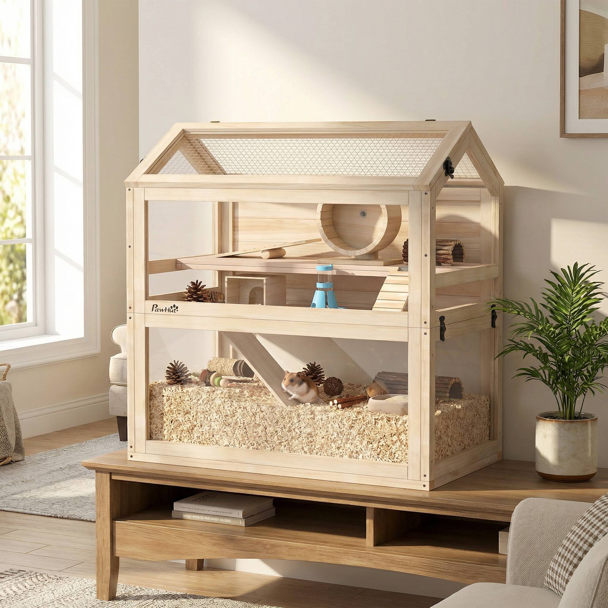 Alt View 1. Pawhut - Hamster Cage, 3-Tier Small Animal Cage with Hut, Seesaw, Ramps, Exercise Wheel - Natural Wood.