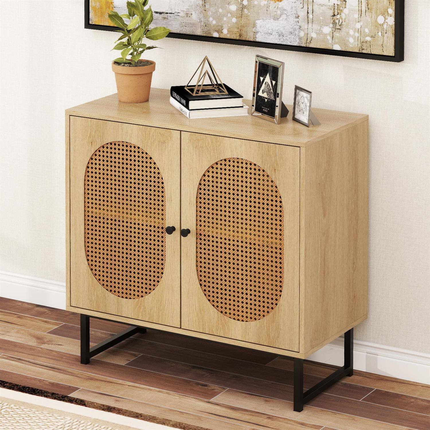 Left. Pefilos - Rattan Buffet Cabinet,2-Door 3-Position Adjustable Shelf,Anti-Tip Metal Legs,Natural - Brown.