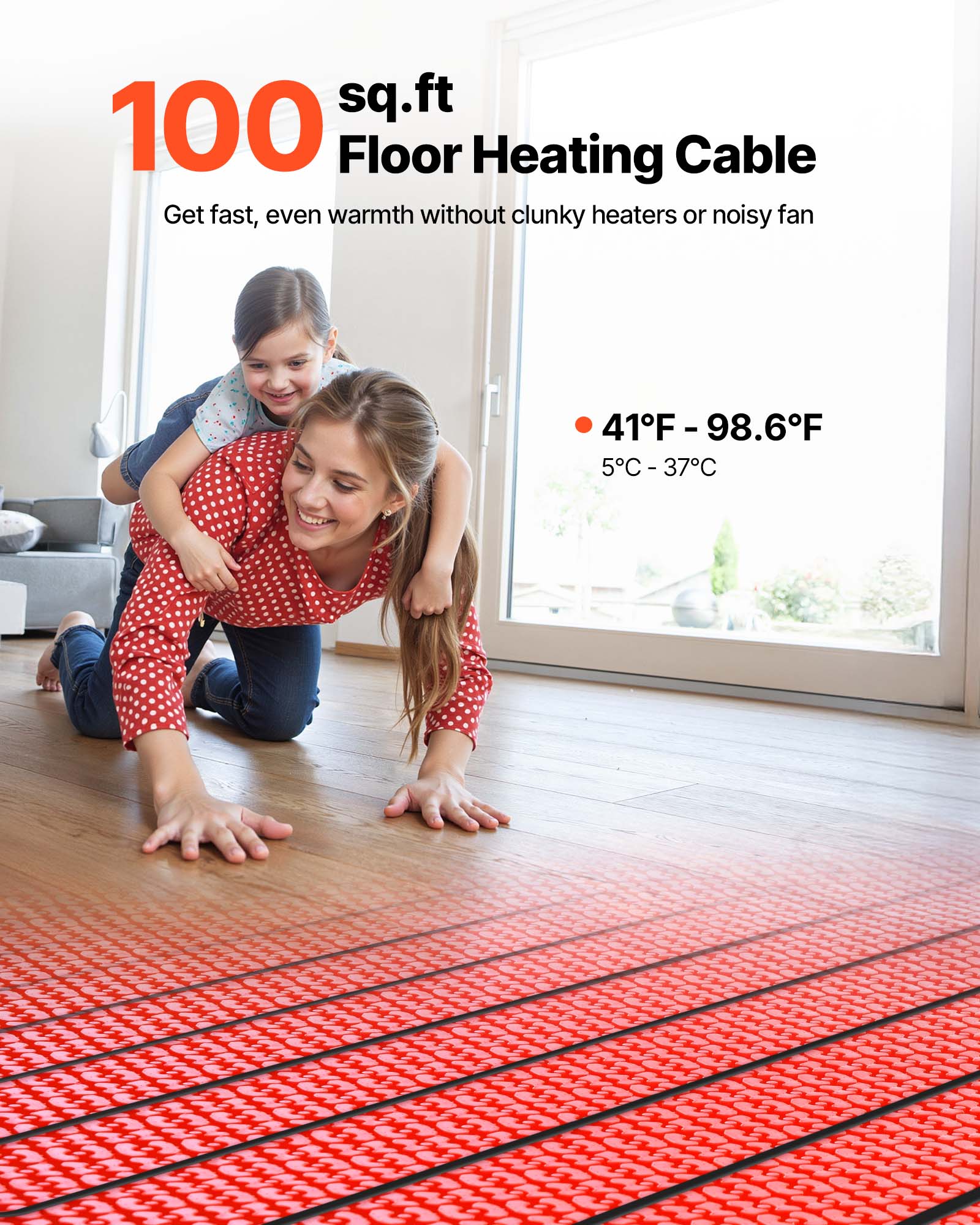 100 sq.ft Floor Heating Cable  
Get fast, even warmth without clunky heaters or noisy fan  

41°F - 98.6°F  
5°C - 37°C