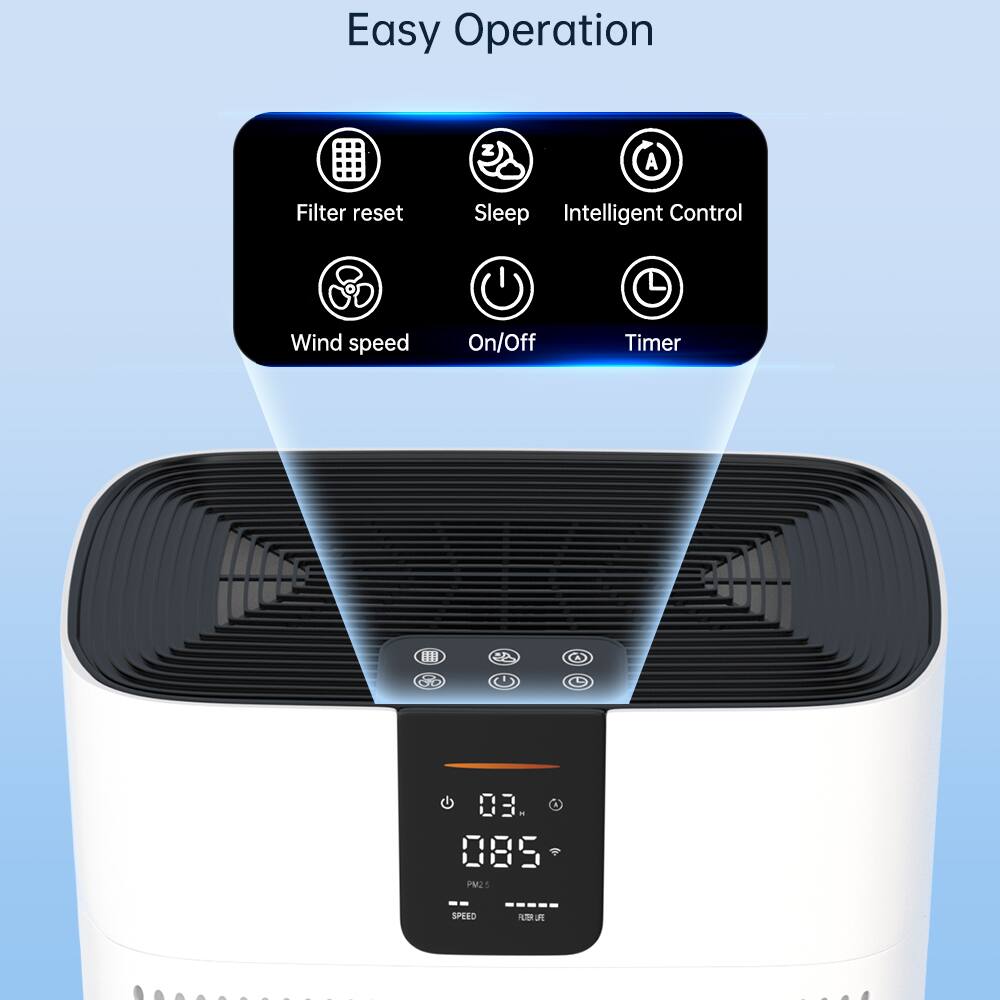 Easy Operation

- Filter reset
- Sleep
- Intelligent Control
- Wind speed
- On/Off
- Timer

03:085 PM2.5
SPEED
