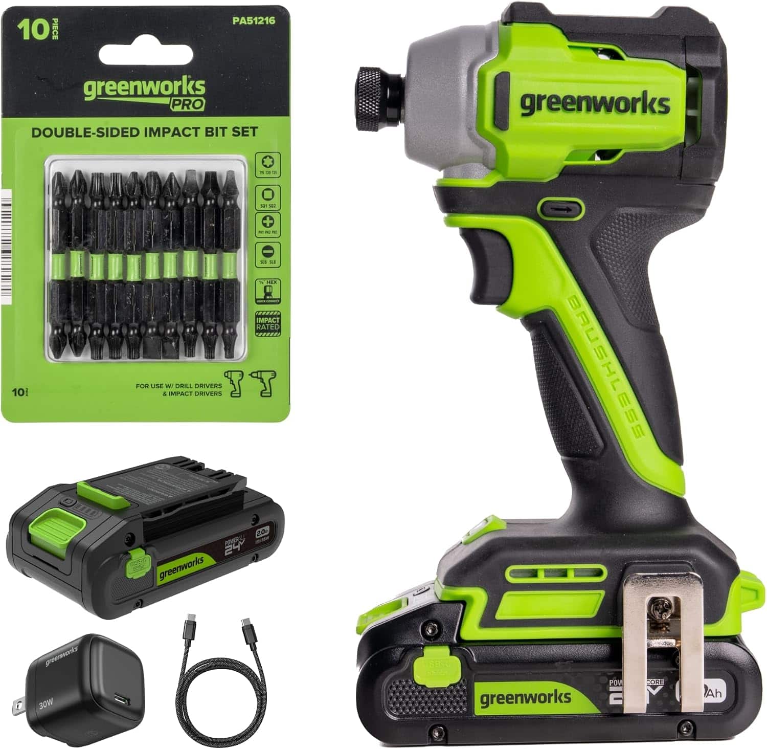 10 PIECE  
PA51216  
greenworks PRO DOUBLE-SIDED IMPACT BIT SET  
greenworks  
E 129 ros  
Sart SIKE  
10  
us ULS LEST ....... IMPACT RATED FOR & W/ IMPACT DRILL DRIVERS TT  
BRUSHLESS  
POWERAL 24 greenworks  
20%  
greenworks  
-  
30W  
greenworks  
POW C  
FORL  
Ah